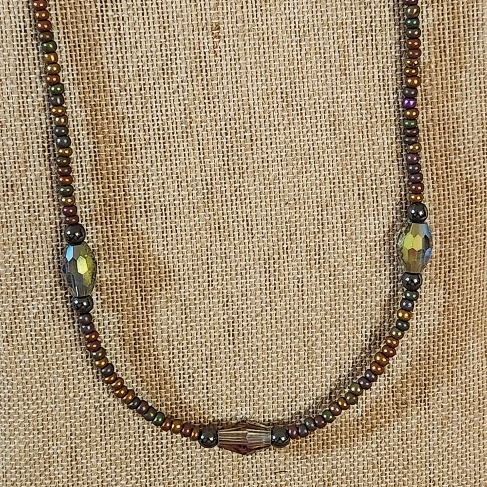 Hand Crafted Multicolor Beaded Necklace Purple Green